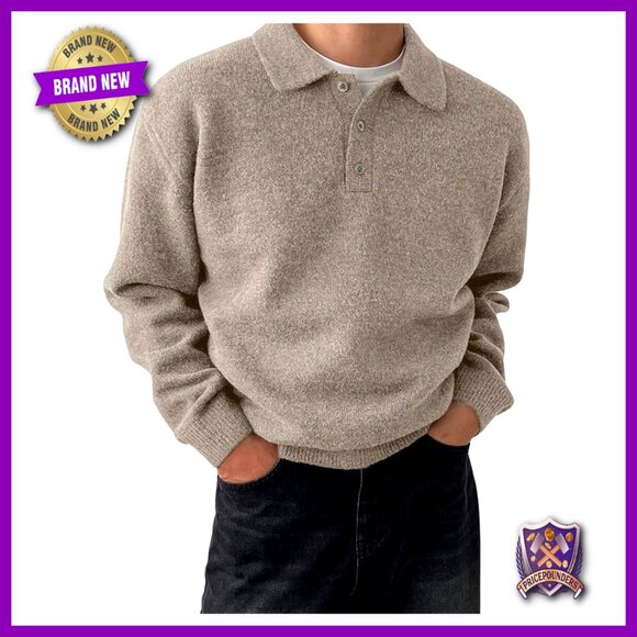 Men's Long Sleeve Collared Knit Pullover Sweater Button Front Work Shirt